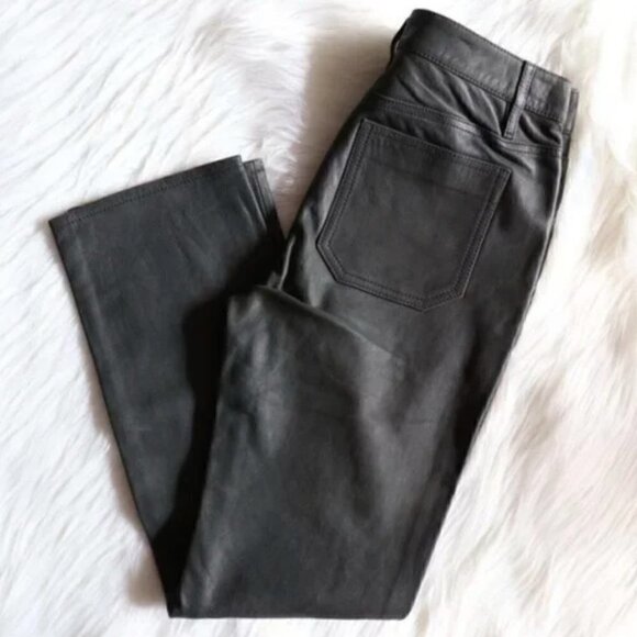 NWT Anthropologie Leather Pants Size 25 Green Black High Rise Straight Leg Lamb - Picture 8 of 10